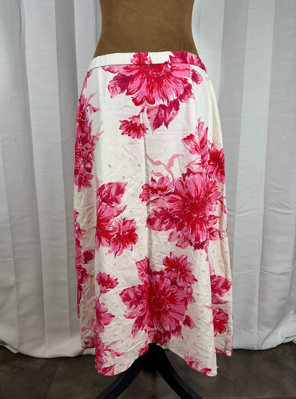 Coldwater Creek Pink Floral Linen Blend Sequin A-Line Skirt L